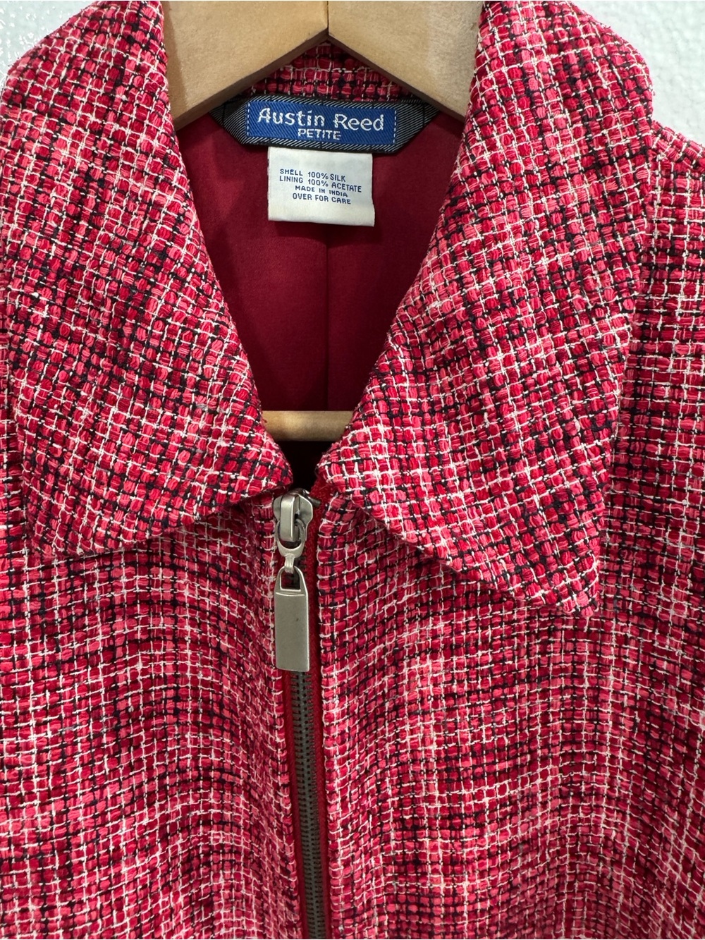 Austin Reed Petite 100% Silk Tweed Zip Jacket Red Pink Textured Blazer 10P - Picture 3 of 14